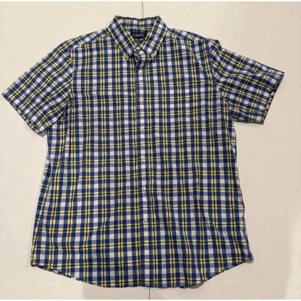 Chaps Men's Stretch Poplin Shirt Size Large Plaid Yellow Blue